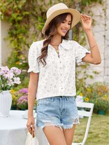 Graduation Women's Peter Pan Collar Button Frilled Short Sleeve Tops, Summer Casual Cotton Vintage Floral Shirt - 白花 - 查看 5