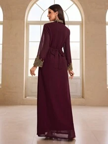 YISIKADO Vestido de noche estilo árabe para mujer, vestido largo con cinturón, cuello alto, mangas largas, de chifón y encaje bordado, ideal para fiestas, invitada de boda y eventos formales