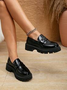 Mocasines de plataforma para mujer, Oxfords casuales con aumento de altura, Estilo británico vintage de punta redonda Cómodos slip-on planos para primavera, verano, otoño, invierno, negro