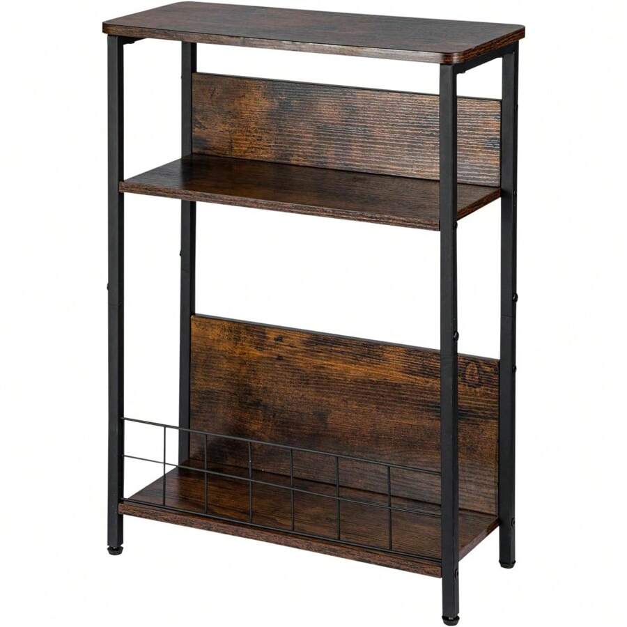 Vintage Slim Side Table, 3-Tier Modern End Table For Narrow Spaces, 24.6" Height, Small Nightstand With Storage Shelf & Magazine Rack, Space-Saving Design For Sofa Or Bedside Grey - 棕色 - 查看 1