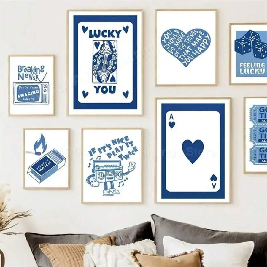 1pc Retro Good Times Ticket Lucky You Dice Gallery Wall Art Prints Blue Abstract Posters Canvas Painting Pictures Living Room Decor No Frame