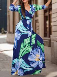 Dresses For Women,Wedding Guest Dresses For Women,Women's V-Neck Three-Quarter Sleeve Tie Pocket Print Dress - 藏蓝色 - 查看 3