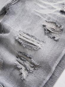 Szorty jeansowe dla nastolatków w kolorze jasnoszarym, z listewkami i wąsami kota, zniszczone, wąskie, proste, średniej długości