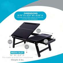 Laptop Bed Tray | Adjustable Tilt Surface, Storage Drawer, Folding Legs, Mouse Pad | Fits Laptop Up To 15" | Slots Up To: Tablets 9.6", Phones 4" | For Work, Reading, Studying | Espresso