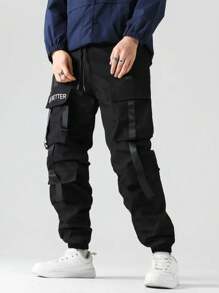 美式嘻哈街头风功能性工装裤，男士宽松直筒休闲裤，保暖 - 黑色 - 查看 3