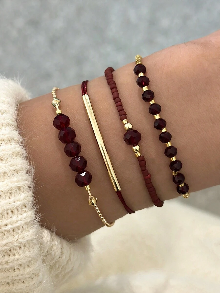 Set 4 Buah Gelang Manik-Manik Kristal Burgundy Modis Buatan Tangan, Perhiasan Pesta Liburan Fashion Wanita, Hadiah - Merah - View 1
