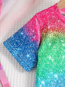 2 Stücke/Set Kleine Mädchen Outdoor Lässig Sport bunte zufällige Streifen & Einhorn Muster Rundhals leichtes Kurzarm T-Shirt mit passenden Shorts Set, Frühling/Sommer