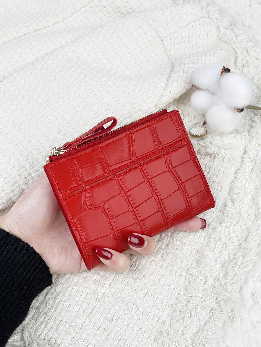 SOUTHLAND&KANGAROO 勃艮第包 Charry 红色包 酒红色包，字母细节折叠小钱包口袋钱包小钱包双折超薄女士钱包轻便便携式信用卡钥匙包短钱包可爱现代时尚生日礼物 - 紅色 - 查看 1