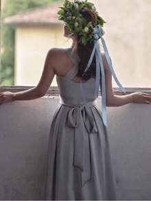 Elegant Solid A-Line Sleeveless Bridesmaid Dress France Party Graduation Midi Spring Summer - Violet Purple - View 5