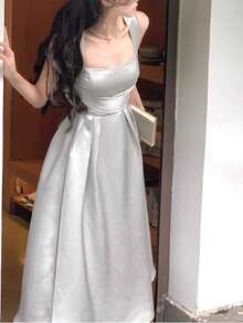 Elegant Solid A-Line Sleeveless Bridesmaid Dress France Party Graduation Midi Spring Summer - Violet Purple - View 3