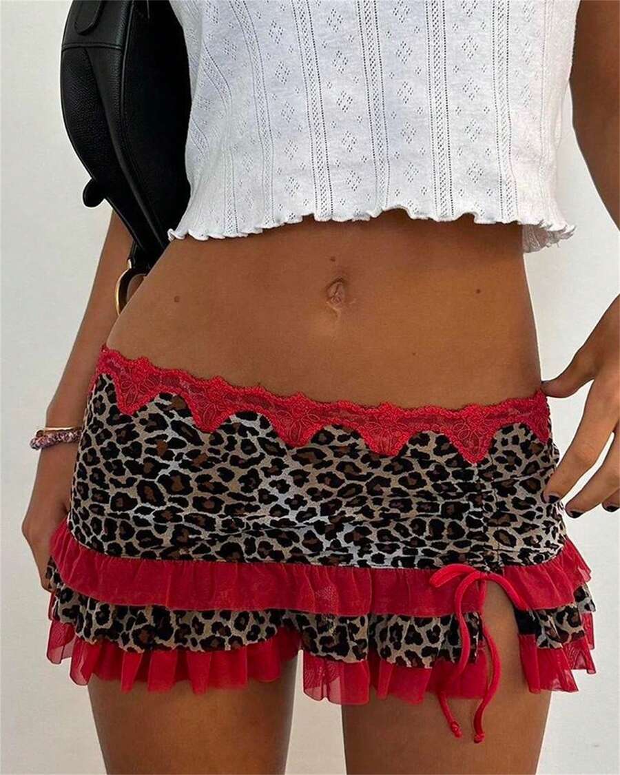 Women Low Waisted Leopard Print Mini Skirt Sexy Ruffle Lace Edge Mini Skirt Skorts - Đỏ - Xem 1