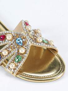 French Style Gold Flat Sandals, New Handmade Colorful Rhinestones T-Strap Beach Slippers