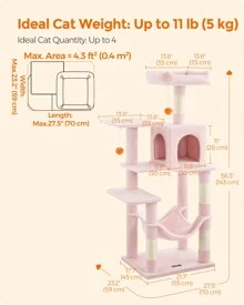 Feandrea Cat Tree, 143 Cm Cat Tower For Indoor Cats, Multi-Level Plush Cat Condo With 4 Scratching Posts, 2 Perches, Cave, Hammock, Pompoms, Jelly Pink