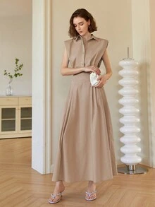 Vestido midi elegante de unicolor sin mangas para mujer, vestido con cuello estilo "Old Money", vestido elegante de primavera/verano, atuendos de verano para mujer, graduación, baile de graduación, casual de negocios - Caqui - Ver 5