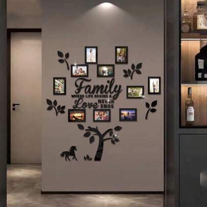 10 piezas Adhesivo de pared con árbol genealógico, marcos de caballo y gato, 120 x 120 cm, negro/dorado/plateado, estilo moderno, autoadhesivo y removible, arte de pared acrílico para decoración de sala de estar, dormitorio, espejo de galería, marcos de fotos DIY, patrón de hojas, adecuado para decoración de pared de sala de estar, dormitorio, oficina - Efecto espejo de forma asimétrica, pegatinas, pegatinas personalizadas, decoración de espejo de pared, espejo para habitación, decoración del hogar, decoración de baño, decoración de sala de estar