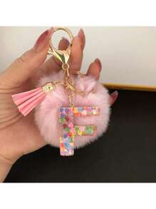 1 Pc,Alphabet Initial Letter Keychain Cute Plush Pom Pom Key Chain Ring Bag Backpack Charm Car Hanging Pendant Women Girls Gift,Cute Sequins Resin Key Chain,Wallet And Handbag Accessories, Keychain With Tassels,Alphabet Initial Letter A-Y - Pink - View 12