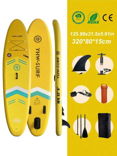 YHW-SURF 1 set gul uppblåsbar ståbräda, inkluderar pump, avtagbar paddel, fotledsrem, ryggsäck, avtagbar fena och reparationskit, strandtillbehör, strandmadrass