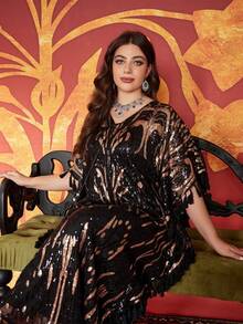 大码女式精致仿珍珠刺绣流苏装饰 2 件套阿拉伯风格连衣裙 - 黑色 - 查看 9