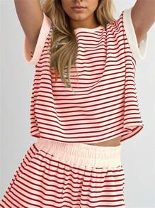 2025 Spring And Summer Matching Set | Retro Stripe Graphic Crop Top + Ribbed Shorts, Women's Y2K Streetwear 2 Piece Outfits - Red - View 3