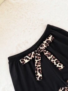 2 Pcs Women All-Over Leopard Print Contrast Color Short Sleeve Top And Shorts Pajama Set, Suitable For All Seasons, Pockets Lapel Button Front Top & Bow Shorts, Casual Suit, Two Pieces Set - Black - View 11