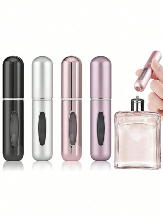 SHEIN X Milania 4 piezas Botellas de perfume recargables de 5ml, mini botella de spray portátil de aluminio para perfume