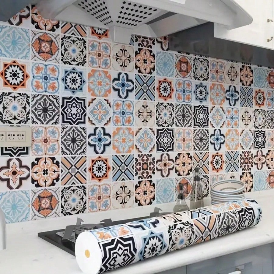 1 Rotolo di carta da parati in stile boho spessa in PVC, dimensioni 40 cm x 100 cm/300 cm/500 cm, impermeabile, resistente all'olio, rimovibile,