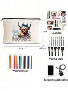 白色优雅高地牛主题化妆包卡通牛图案手提包及配套化妆包/零钱包，牛与向日葵图案，-轻盈无味的涤纶旅行洗漱包，高低牛配紫色花朵，适合自然爱好者和女性 - 彩色 - 查看 12