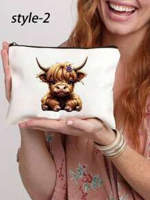 白色优雅高地牛主题化妆包卡通牛图案手提包及配套化妆包/零钱包，牛与向日葵图案，-轻盈无味的涤纶旅行洗漱包，高低牛配紫色花朵，适合自然爱好者和女性 - 彩色 - 查看 4