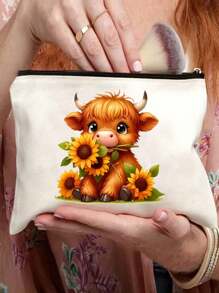 白色优雅高地牛主题化妆包卡通牛图案手提包及配套化妆包/零钱包，牛与向日葵图案，-轻盈无味的涤纶旅行洗漱包，高低牛配紫色花朵，适合自然爱好者和女性 - 彩色 - 查看 9