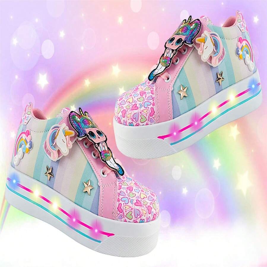 Sports Tennis Shoes With Colorful LED Lights For Girls With Rainbow Unicorn Doll 021-MU