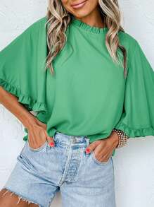 Acelitt Green Frilly Round Neck Wide Half Sleeve Blouse - Green - View 1
