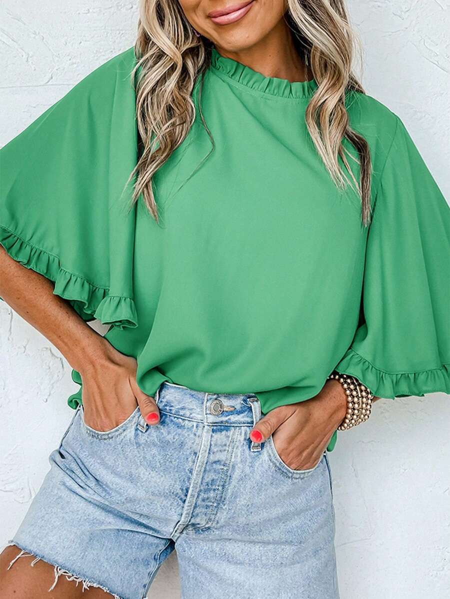 Acelitt Green Frilly Round Neck Wide Half Sleeve Blouse - Green - View 1