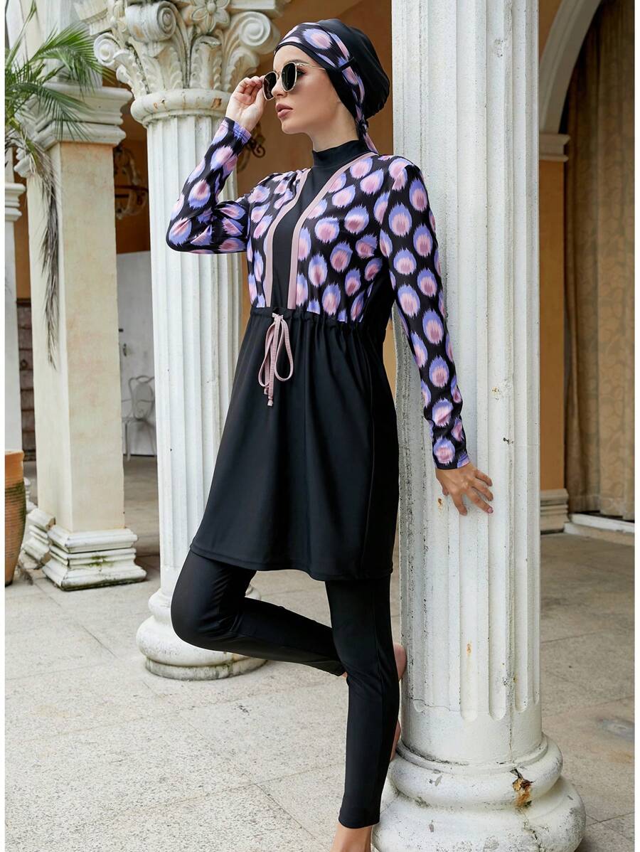 Đồ bơi nữ Hồi giáo kín đáo 3 mảnh, áo dài tay kiểu Burkini (áo và quần) cho kỳ nghỉ biển, màu đen, mùa hè.