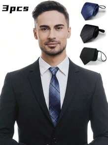 AILAKA 3 件/包男士黑色和海军蓝领结，百搭商务/正装自系领结，窄拉链预系领结，条纹和纯色设计 - A - 查看 12