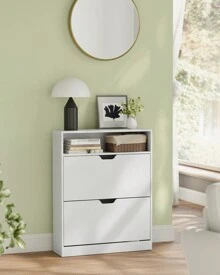 VASAGLE Shoe Cabinet 2 Flip Doors, 3 Tier Shoe Rack, With 1 Open Compartment, Adjustable And Removable Divider, For 11-16 Pairs Shoes, For Narrow Entrance, 24 X 80 X 102 Cm, White - 白色 - 查看 2