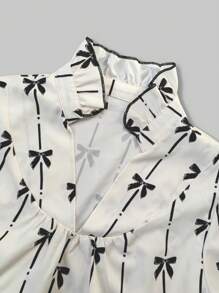 Vestido mini con manga farol, escote en V y lazo, vestido minimalista con estampado, volantes y puños abullonados, vestido casual holgado con pliegues y efecto globo, vestido corto para vacaciones, primavera, verano y otoño - Multicolor - Ver 6