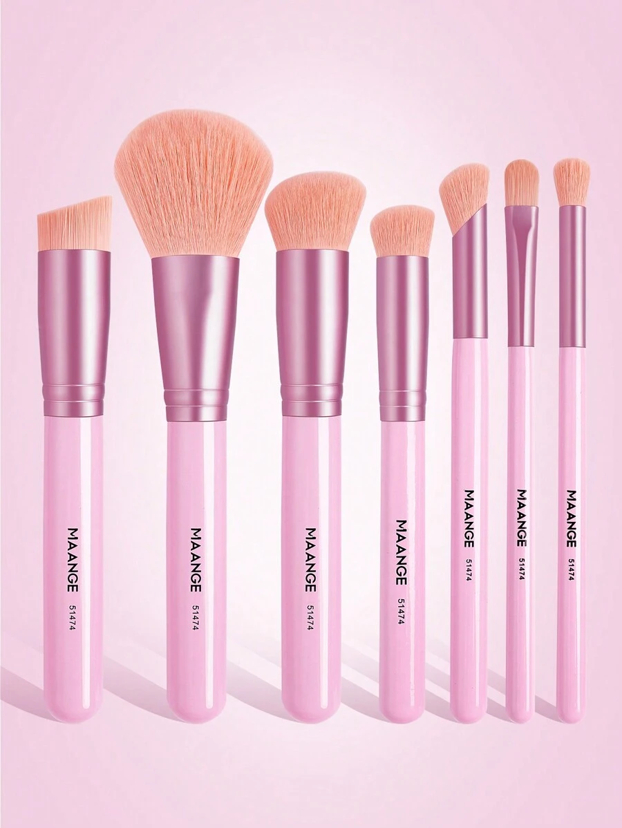 MAANGE 7pcs Pink Facial Makeup Brushes Set, Foundation, Blush, Foundation, Eyeshadow, Contour, Concealer, Shadow Brush, Makeup Tools With Soft Fiber And Skin Friendly Suitable For All Skin Types For Easy Carrying, Brush For Travel, Gift For Women & Girls - 粉色 - 查看 1