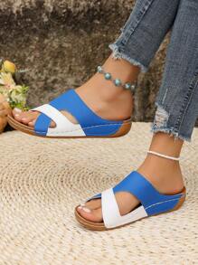 Chunky Sole Multicolor Strap Cross Sandals, Hook And Loop Beach Summer Wedge Roman Style Open Toe Slides