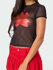 Women Floral Mesh Tops Slim See Through Round Neck Short Sleeve Crop T-Shirt Summer Streetwear Tees - Black - View 7