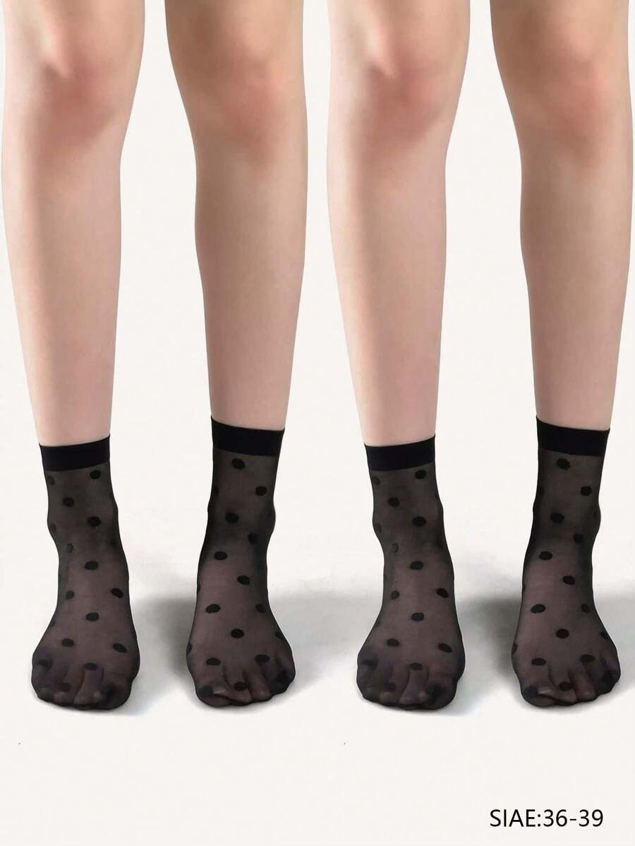 2pairs Polka Dot Crew Socks - Black - View 1
