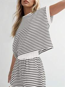 2 Piece Lounge Set For Women Striped Knit Short Sleeve Tee Shirts Shorts Sets Casual Summer Loungewear Matching Sets - trắng - Xem 2
