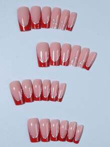 24 de bucăți de unghii false acrilice pătrate medii, model de inimă, cu sclipici, se potrivesc perfect, conțin 1 buc. lipici gelatinos și 1 buc. pilă de unghii, unghii false acrilice ușor de purtat, vârf franțuzesc, pentru femei și fete, utilizare zilnică, festivaluri, petreceri, consumabile pentru unghii - roșu - Vizualizare 3