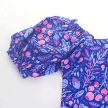 Girls Blueberry Fruit & Polka Dot Print Puff Sleeve One-Piece Swimsuit, Beach Outfit For 4-9 Years Old - Baby Blue - View 3