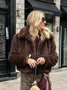 HH Women Casual Cropped Faux Fur Lapel Jacket Winter Fashion Shaggy Long Sleeve Warm Coat With Pockets - màu nâu - Xem 7