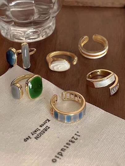 حلقة الزمرد للنساء 6حبة/مجموعة، تصميم بسيط بأحساس راقي وفخم، حلقة مفتوحة قابلة للتعديلرمضان