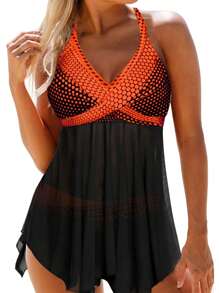 Women Two-Piece Swimming Clothes Set, V-Neck Sleeveless Variegated Color Tops And Panties, Lake Blue/ Green/ Orange/ Purple - 橘色 - 查看 2