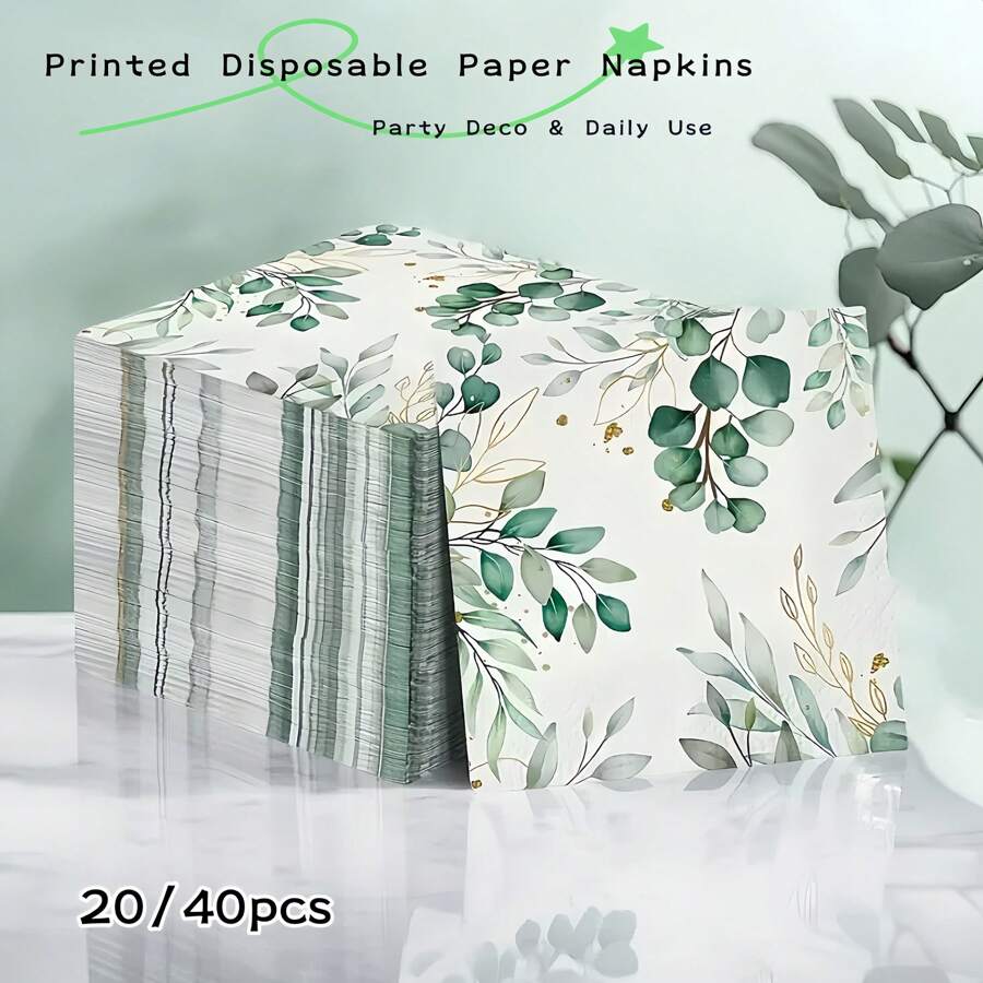 20/40 pezzi Tovaglioli di carta usa e getta con foglie di eucalipto, articoli per feste primaverili, 2 strati, dimensioni 13*13 pollici, con stampa, per feste all aperto, picnic, ristorante, feste in casa, matrimoni - Foglia - Visualizzare 1