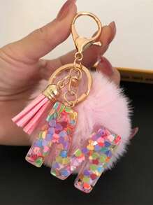1 Pc,Alphabet Initial Letter Keychain Cute Plush Pom Pom Key Chain Ring Bag Backpack Charm Car Hanging Pendant Women Girls Gift,Cute Sequins Resin Key Chain,Wallet And Handbag Accessories, Keychain With Tassels,Alphabet Initial Letter A-Y - Pink - View 4