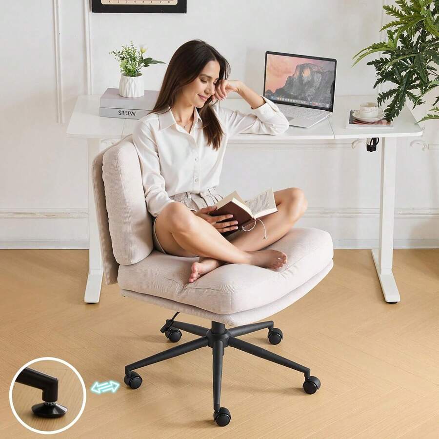Criss Cross Cloud Chair,Comfy Corduroy Cross Legged Office Desk Chair With/No Wheels,Cute Vanity Chair, Adjustable Wide Seat,Modern Swivel Chair For Study, Make Up, Home Office,Light Khaki - 灰色 - 查看 1