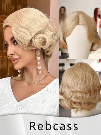 Partial Score, Hair Has Its Own Fragrance Synthetic Fiber Heat-Resistant Wig 10 Inch Gold Color Curly Wave Hair Fully Machine Manufactured For Daily Gatherings, High-Quality Women's Natural And Beautiful Synthetic Soft Fake Fiber Hair